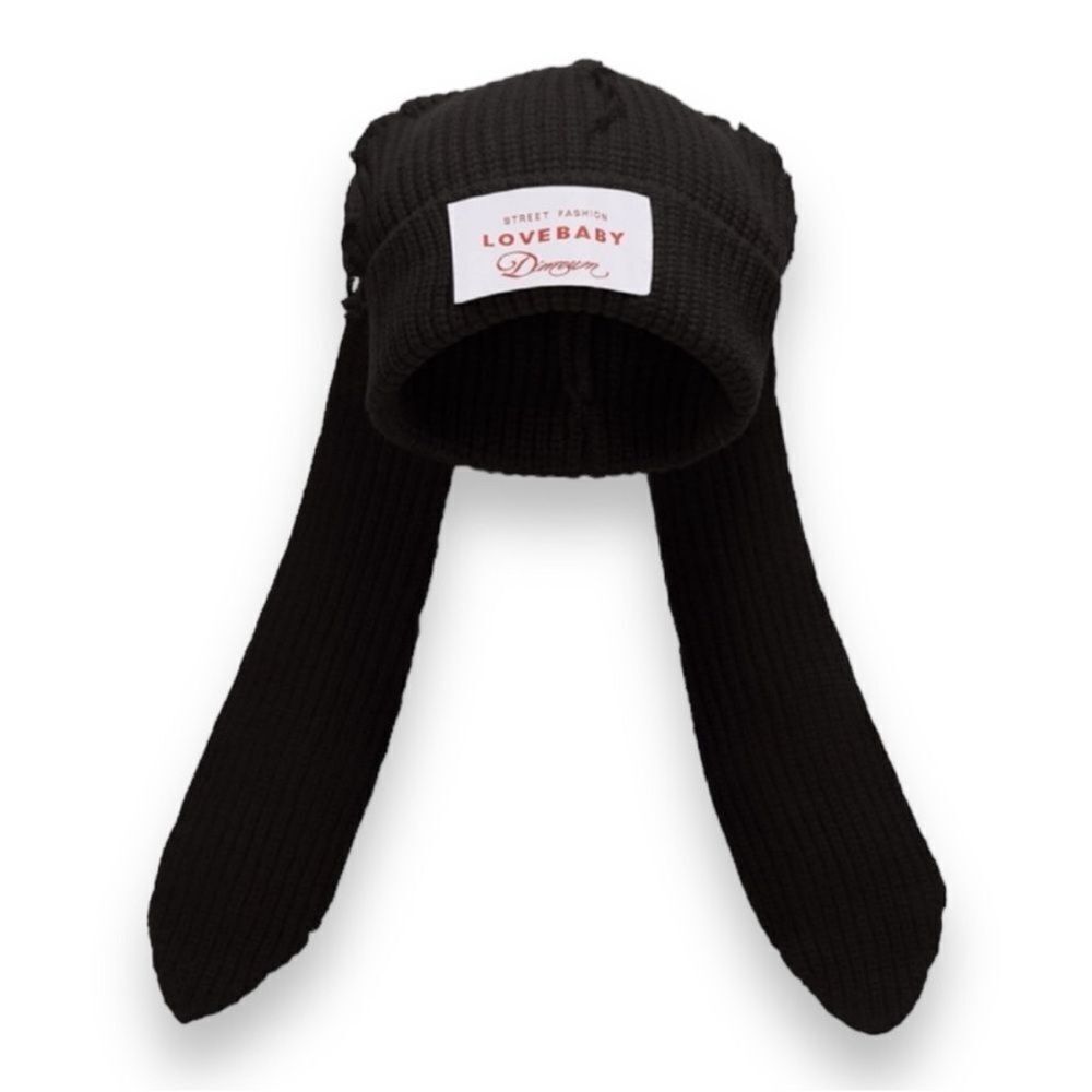 Black Crochet Long Bunny Ear Knitted Beanie Y2K Emo NWT